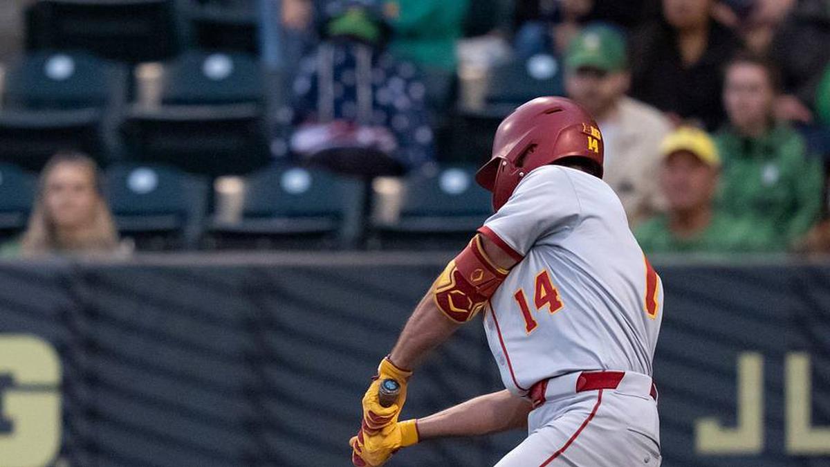  USC outfielder Jack Basseer hits a single as the Oregon Ducks host the USC Trojans on May 14, 2026, in Eugene, Oregon. | Ben Lonergan/The Register-Guard / USA TODAY NETWORK via Imagn Images 