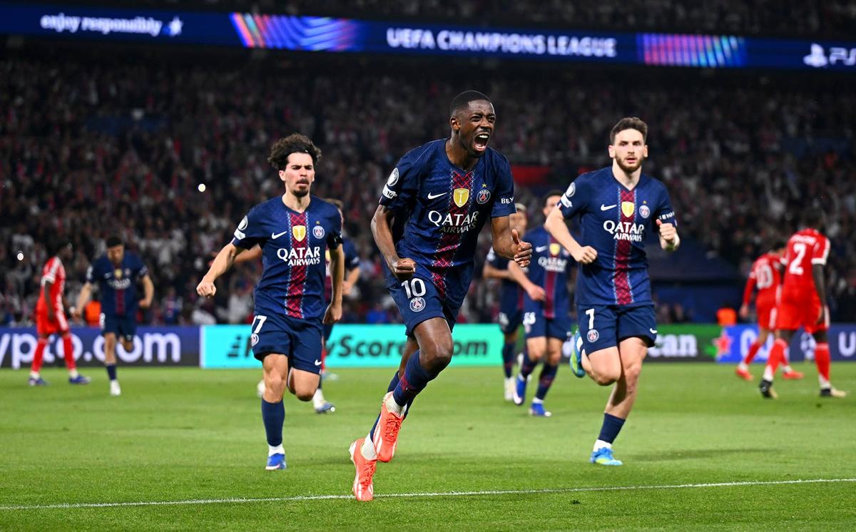  Ousmane Dembele celebrates scoring his team's third goal from the penalty-spot during the UEFA Champions League Semi Final First Leg match between Paris Saint-Germain and FC Bayern München. Photo by Mattia Ozbot - UEFA/UEFA via Getty Images