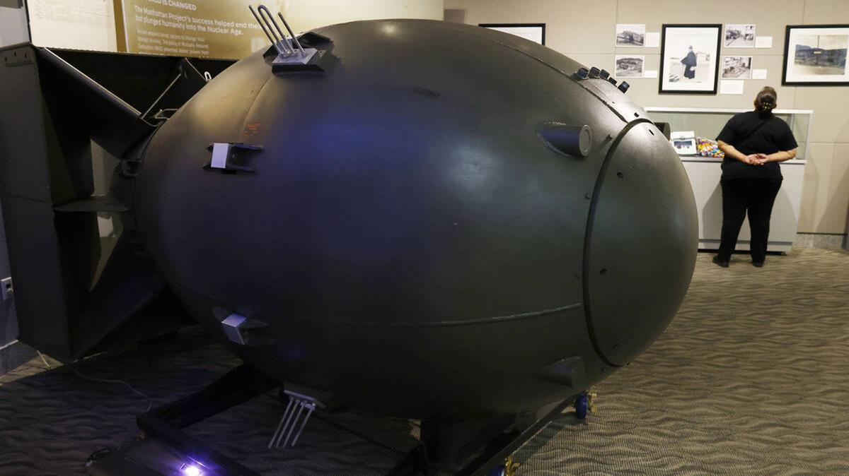 A Mark III, "Fat Man," ballistics case manufactured circa 1945/1946, the same type that housed the Los Alamos "Gadget,"  a plutonium implosion device, is displayed at the National Atomic Testing Museum on Oct. 30, 2025, in Las Vegas. (Bizuayehu Tesfaye/Las Vegas Review-Journal/TNS)