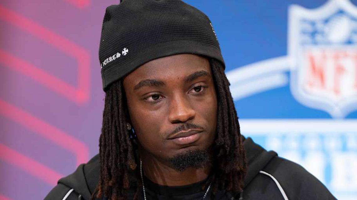  Feb 26, 2026; Indianapolis, IN, USA; Southern California defensive back Bishop Fitzgerald (DB35) speaks to members of the media during the NFL Combine at the Indiana Convention Center. Mandatory Credit: Jacob Musselman-Imagn Images | Jacob Musselman-Imagn Images 