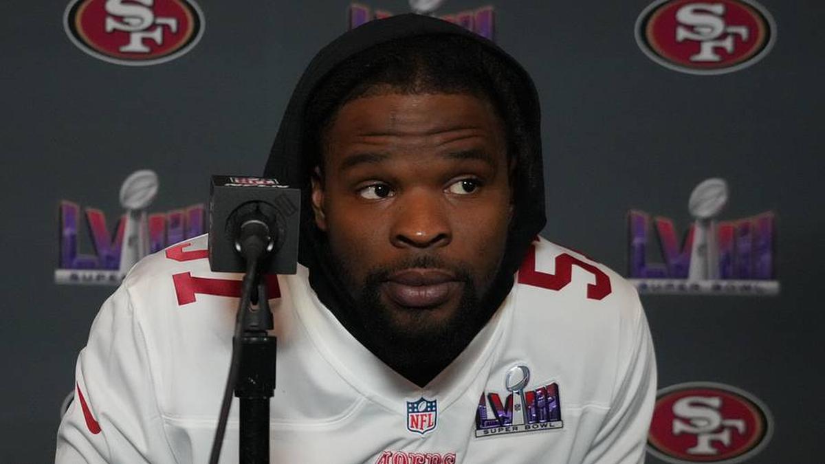 Feb 6, 2024; Las Vegas, NV, USA; San Francisco 49ers linebacker Dre Greenlaw (57) during a press conference before Super Bowl LVIII at the Hilton Lake Las Vegas Resort. Mandatory Credit: Kirby Lee-Imagn Images | Kirby Lee-Imagn Images 