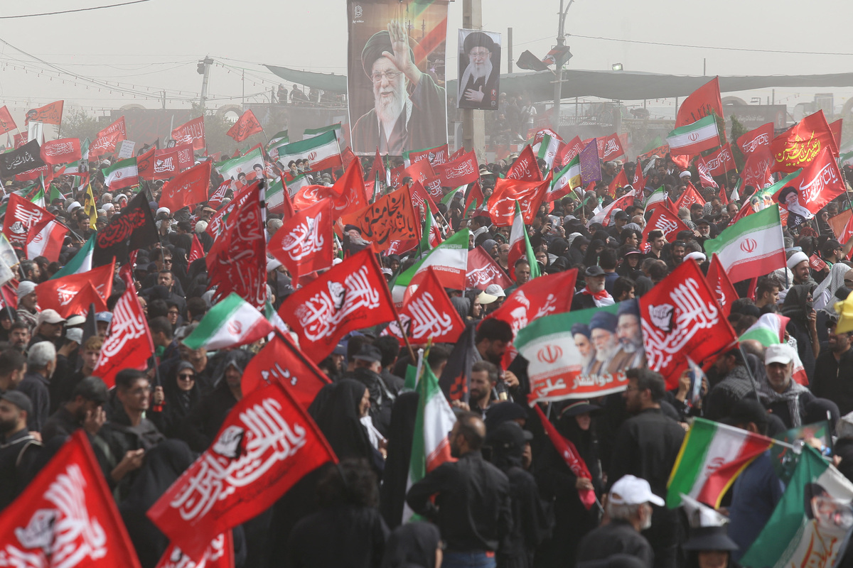 People attend a funeral procession for Iran's late Supreme Leader Ayatollah Ali Khamenei, who was killed on February 28 in Israeli and U.S. airstrikes, in Qom, Iran July 7, 2026. Azam Dadashi/ISNA/via WANA (West Asia News Agency)via REUTERS