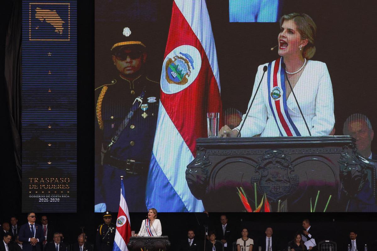 Costa Rica's new President Laura Fernandez delivers a speech during her inauguration ceremony at the Estadio Nacional in San Jose, Costa Rica, May 8, 2026. REUTERS/Mayela Lopez
