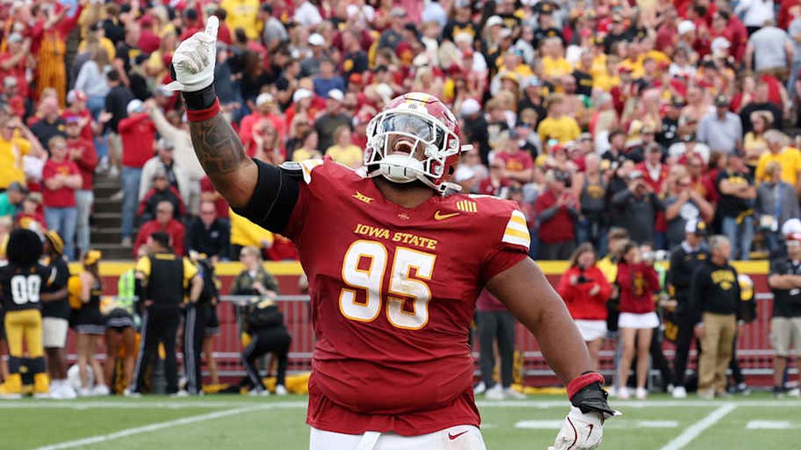  Sep 6, 2025; Ames, Iowa, USA; Iowa State Cyclones defensive lineman Domonique Orange (95) celebrates after a play against the Iowa Hawkeyes during the second half at Jack Trice Stadium. Mandatory Credit: Reese Strickland-Imagn Images | Reese Strickland-Imagn Images 