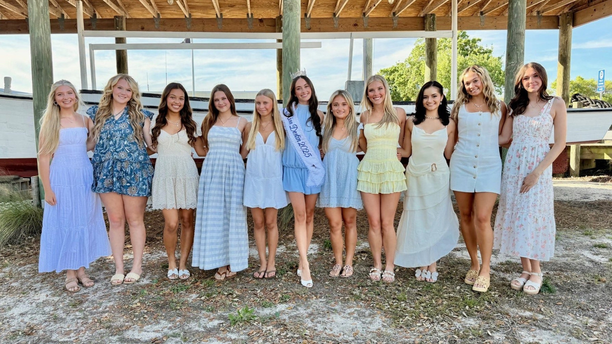 Ten young ladies will be competing to wear the crown of Miss Destin 2026. Standing from left are Kinley Parker, Elleanorah Remm, Andreia Barcelos, Estella Scoma, Hadley Wright, Miss Destin 2025 Bella Riggs, Kallie Causton, Kaylynn Hayles, Lacey Sherwood, Kendra Quaranto, and Baylie Moseley.