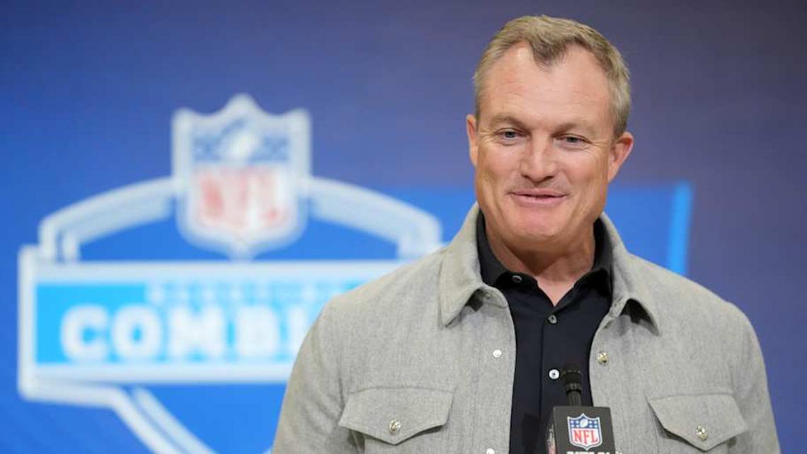  Feb 24, 2026; Indianapolis, IN, USA; San Francisco 49ers general manager John Lynch speaks at the NFL Scouting Combine at the Indiana Convention Center. Mandatory Credit: Kirby Lee-Imagn Images | Kirby Lee-Imagn Images 