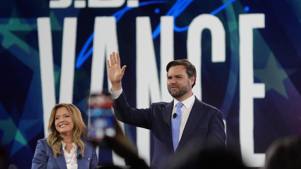 Vice President JD Vance waves at the Conservative Political Action Conference (CPAC) at the Gaylord National Resort and Convention Center on Feb. 20, 2025.