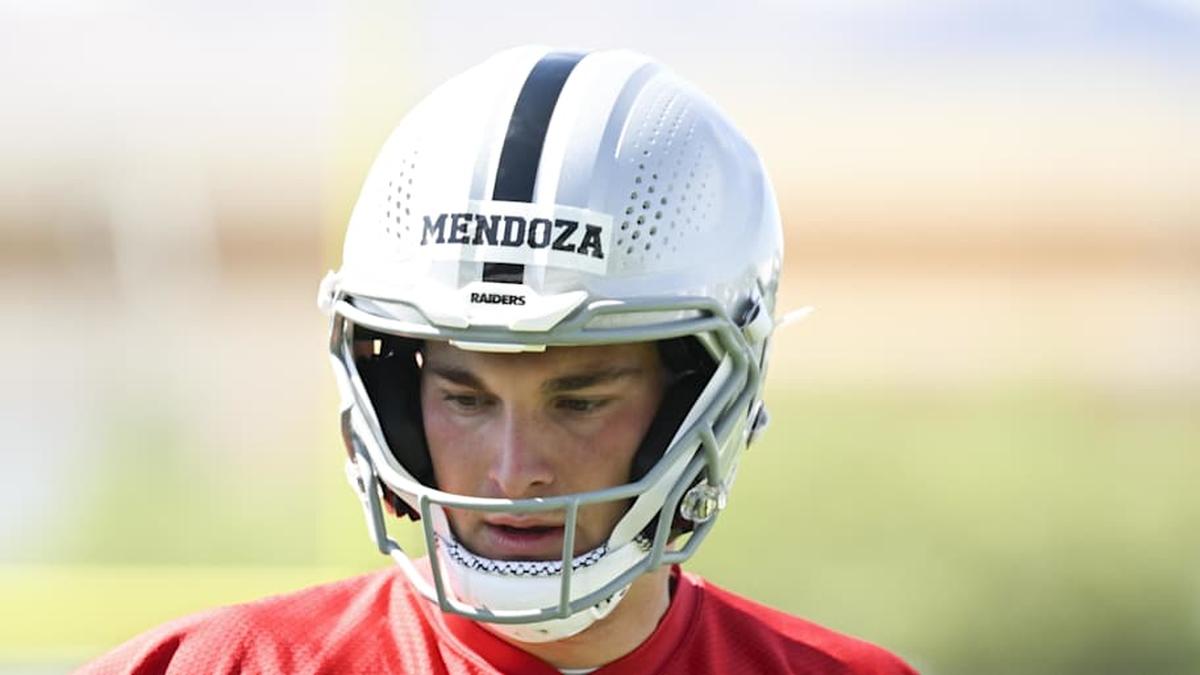  May 2, 2026; Henderson, NV, USA; Las Vegas Raiders quarterback Fernando Mendoza (15) runs through a drill during a Rookie Minicamp at Intermountain Health Performance Center. Mandatory Credit: Candice Ward-Imagn Images | Candice Ward-Imagn Images 