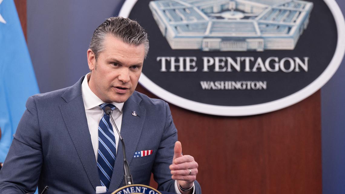 U.S. Secretary of Defense Pete Hegseth speaks during a press briefing at the Pentagon in Washington, D.C., on Thursday, April 16, 2026. (Saul Loeb/AFP/Getty Images/TNS)