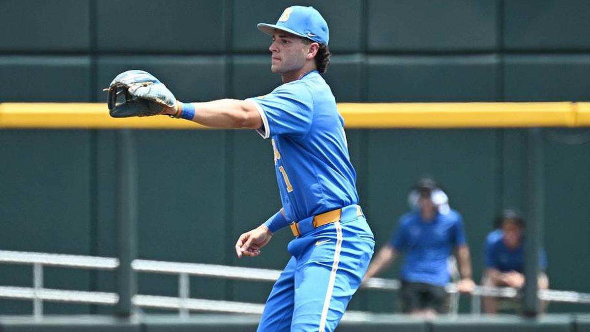  Jun 14, 2025; Omaha, Neb, USA; UCLA Bruins shortstop Roch Cholowsky (1) signals after a strike call against the Murray State Racers during the first inning at Charles Schwab Field. Mandatory Credit: Steven Branscombe-Imagn Images | Steven Branscombe-Imagn Images 