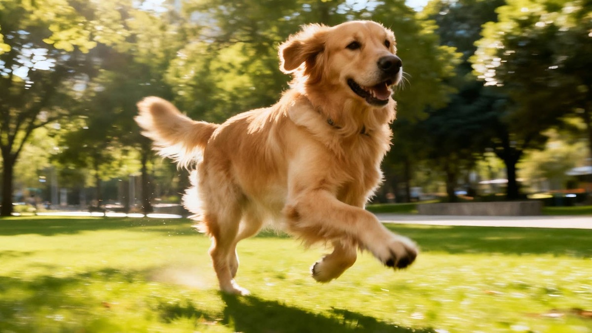 Golden Retriever leaping. 