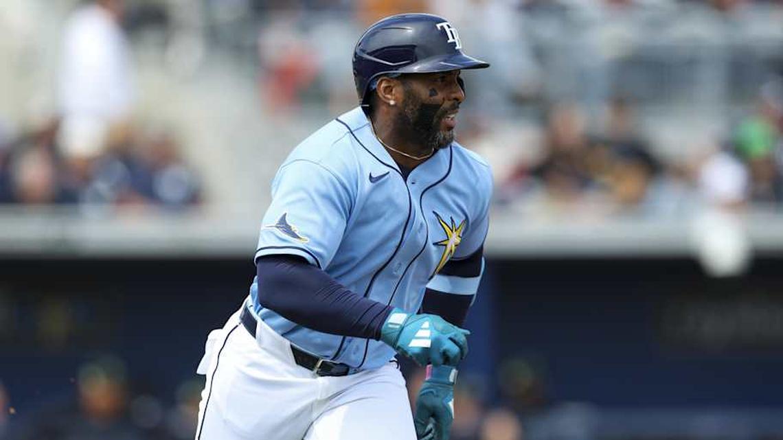  Mar 17, 2026; Port Charlotte, Florida, USA; Tampa Bay Rays designated hitter Yandy Diaz (2) hits a ground rule double against the New York Yankees in the third inning during spring training at Charlotte Sports Park. | Nathan Ray Seebeck-Imagn Images 