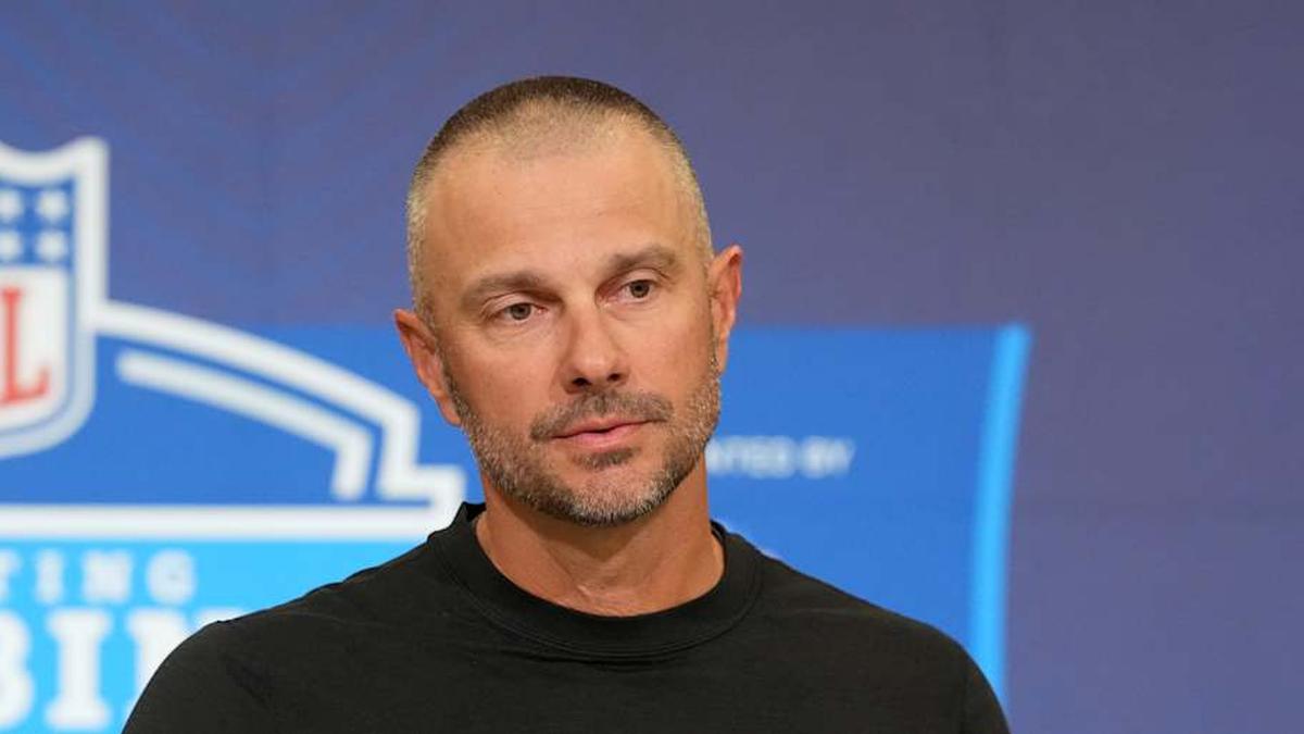  Feb 24, 2026; Indianapolis, IN, USA; Las Vegas Raiders general manager John Spytek speaks at the NFL Scouting Combine at the Indiana Convention Center. Mandatory Credit: Kirby Lee-Imagn Images | Kirby Lee-Imagn Images 