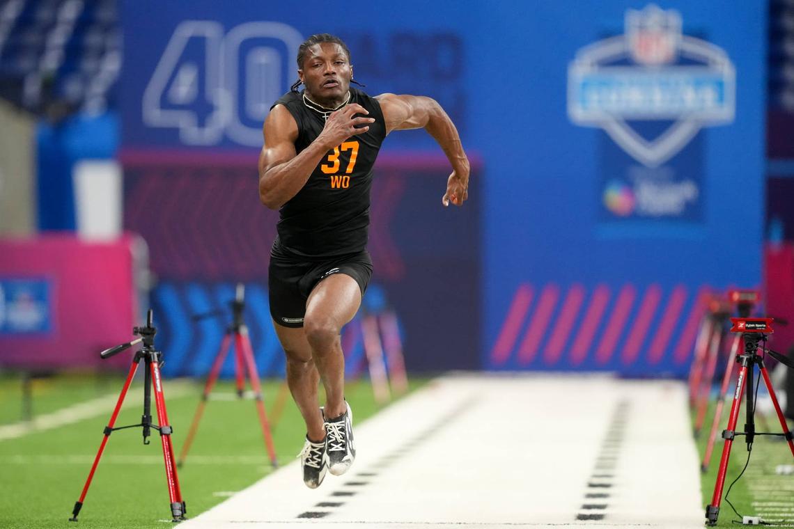  Ohio State wideout Carnell Tate works out during the NFL scouting combine in Indianapolis on Feb. 28, 2026. Kirby Lee-Imagn Images