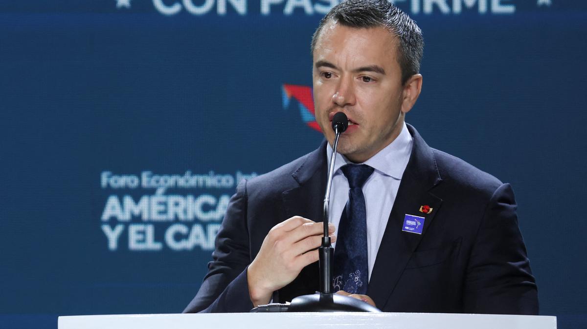 Ecuador's President Daniel Noboa delivers a speech during the International Economic Forum Latin America and the Caribbean 2026, in Panama City, Panama, January 28, 2026. REUTERS/Aris Martinez