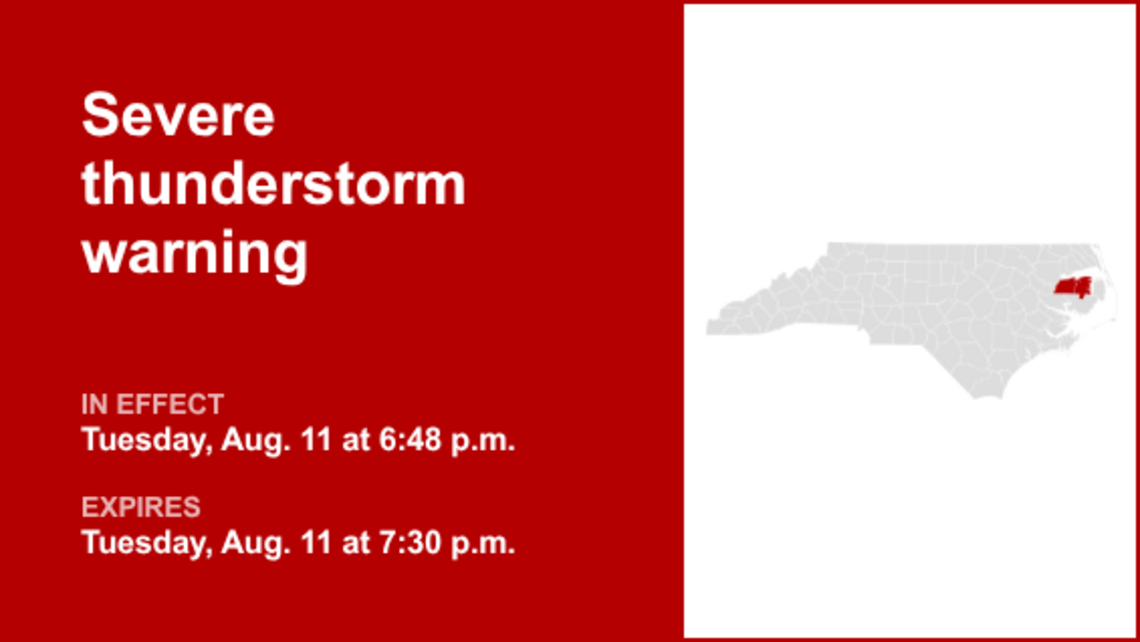 UPDATE: The severe thunderstorm warning for Tyrrell County is expected to expire at 7:30 p.m. 