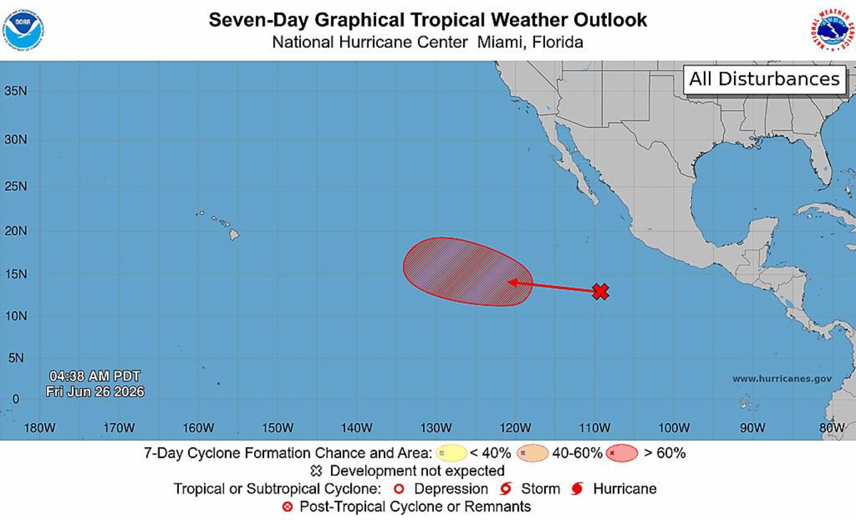 A blob over the Eastern Pacific could become a tropical depression next week, the National Hurricane Center said on Friday, June 26.