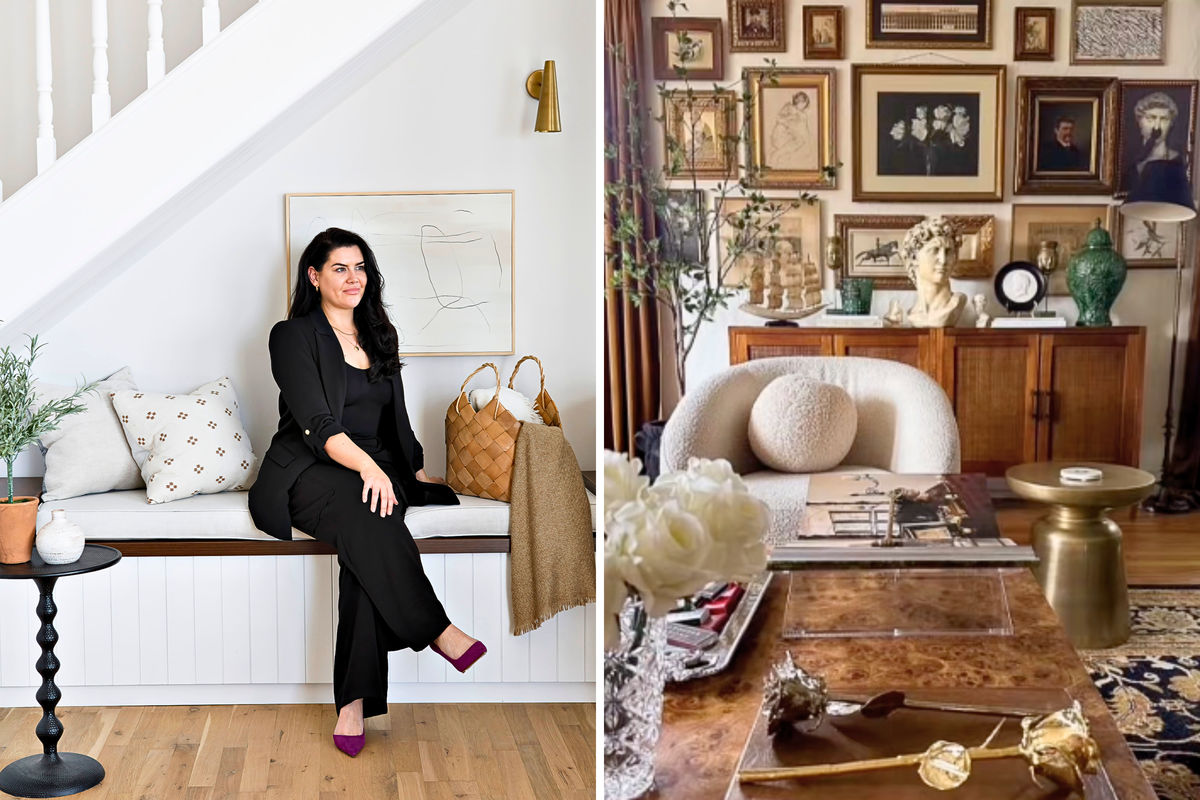  From left: Aoife Maria Tobin sits on a bench; and an image of a home decorated in “granny chic” style. 