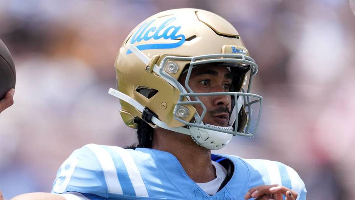  May 2, 2026; Pasadena, CA, USA; UCLA Bruins quarterback Nico Iamaleava (9) throws the ball during the spring game at Rose Bowl. Mandatory Credit: Kirby Lee-Imagn Images | Kirby Lee-Imagn Images 