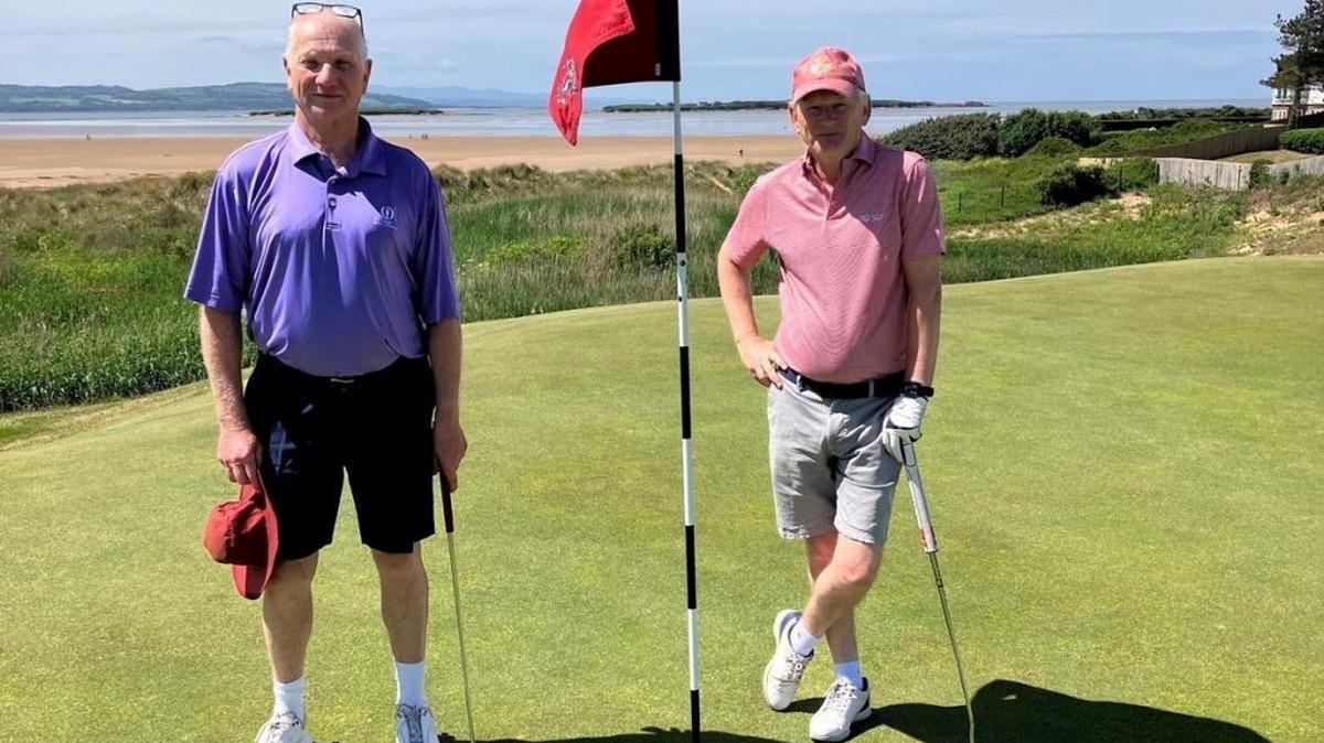 Playing partners David Lewis, 64, and Rob Davis, 67, both hit hole-in-ones on the 137-yard 15th at Royal Liverpool Golf Club. (David Lewis via SWNS). 