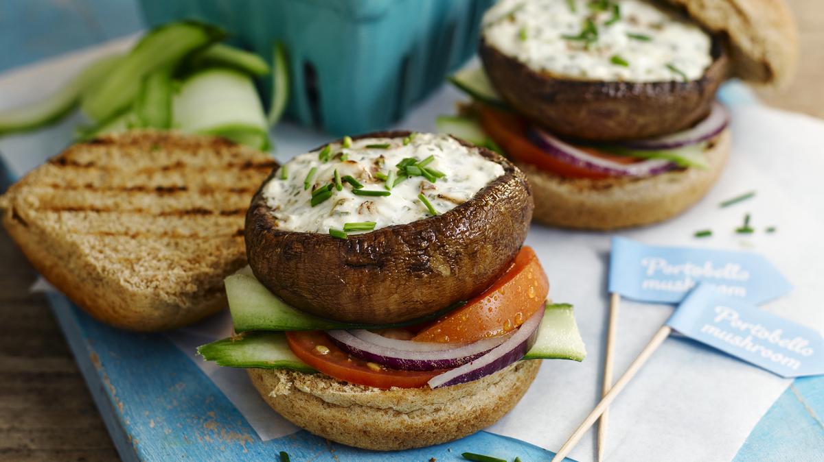 Portobello mushroom burgers with sweet potato fritters