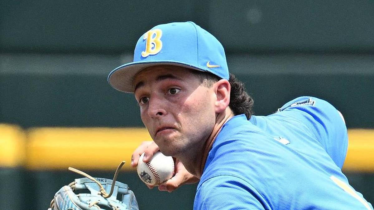  Jun 14, 2025; Omaha, Neb, USA; UCLA Bruins shortstop Roch Cholowsky (1) completes a double play against the Murray State Racers during the second inning at Charles Schwab Field. Mandatory Credit: Steven Branscombe-Imagn Images | Steven Branscombe-Imagn Images 