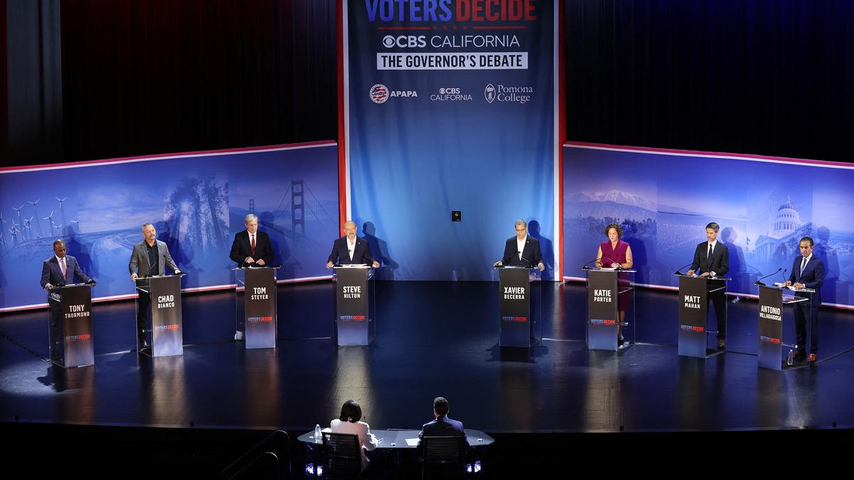 Left to right, Democratic candidate Tony Thurmond, Republican candidate Chad Bianco, Democratic candidate Tom Steyer, Republican candidate Steve Hilton, Democratic candidate Xavier Becerra, Democratic candidate Katie Porter, Democratic candidate Matt Mahan and Democratic candidate Antonio Villaraigosa participate in a California gubernatorial debate at Bridges Auditorium on the campus of Pomona College in Claremont, California, on April 28, 2026. The eight candidates for California governor are participating in the second televised debate, ahead of the June 2, 2026 primary elections. (Patrick T. Fallon/AFP/Getty Images/TNS)