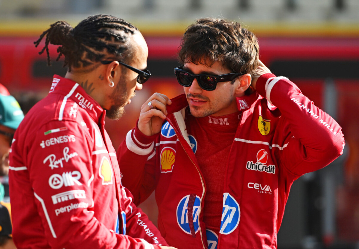  Lewis Hamilton of Great Britain and Scuderia Ferrari and Charles Leclerc of Monaco and Scuderia Ferrari talk at the 2025 F1 drivers photo call prior to the F1 Grand Prix of Abu Dhabi at Yas Marina Circuit on December 07, 2025 in Abu Dhabi, United Arab Emirates. Rudy Carezzevoli/Getty Images
