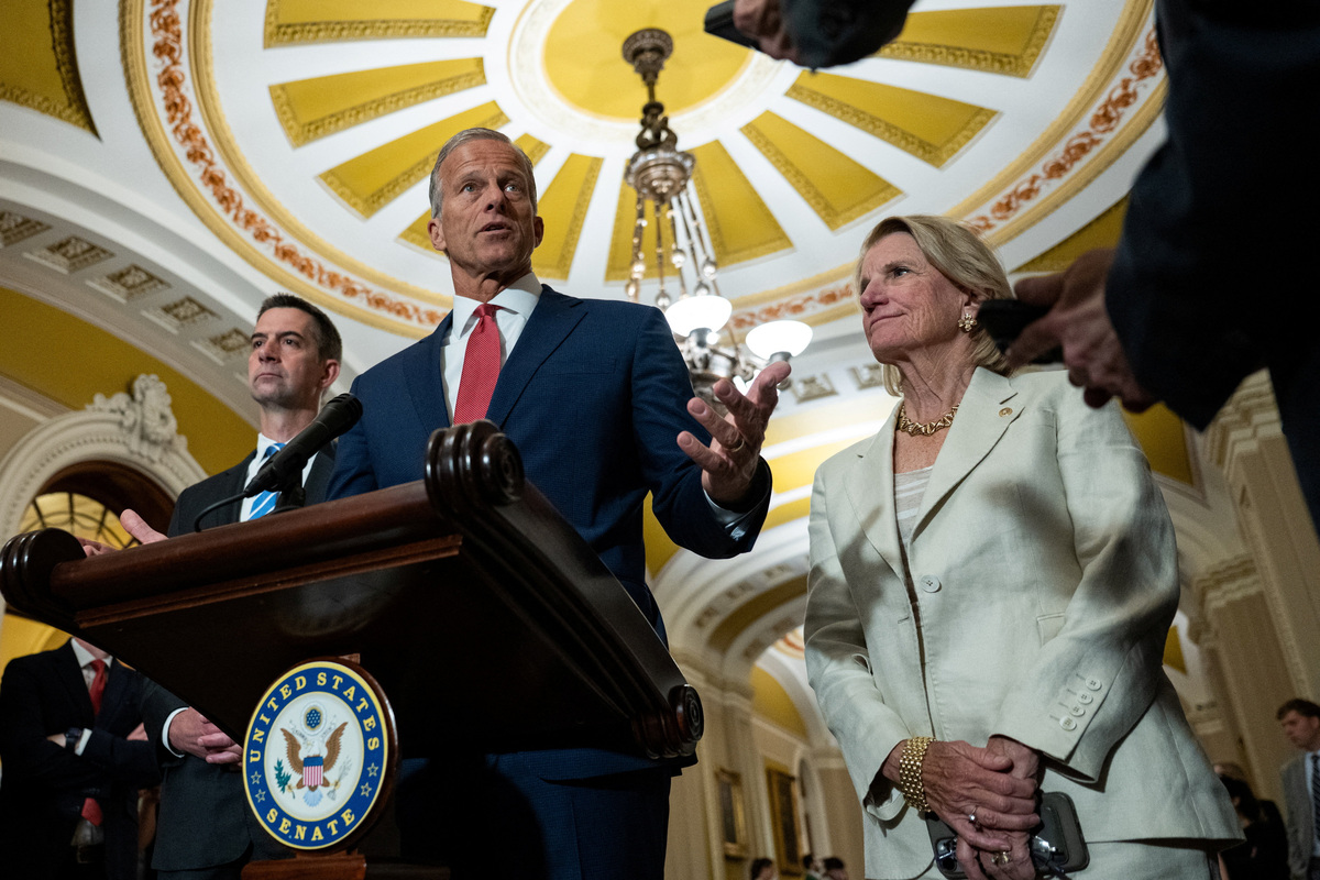 Senate Majority Leader John Thune (R-SD) speaks as Senate Republican leaders hold a press conference following their weekly policy lunch on Capitol Hill in Washington, D.C., U.S., June 16, 2026. REUTERS/Annabelle Gordon