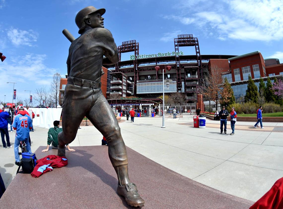  A statue of Philadelphia Phillies Hall of Fame third baseman Mike Schmidt is seen outside the ballpark before a game at Citizens Bank Park. Eric Hartline-USA TODAY Sports via Imagn Images