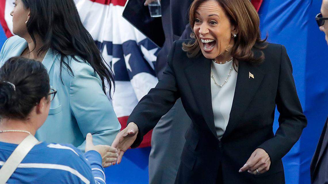 Vice President Kamala Harris, the Democratic presidential nominee, greets people following her speech at Ripon College in Ripon, Wisconsin, on Thursday, Oct. 3, 2024.
