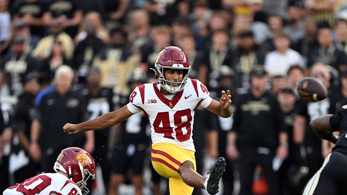  Sep 13, 2025; West Lafayette, Indiana, USA; Southern California Trojans kicker Ryon Sayeri (48) kicks a field goal during the first quarter against the Purdue Boilermakers at Ross-Ade Stadium. Mandatory Credit: Marc Lebryk-Imagn Images | Marc Lebryk-Imagn Images 
