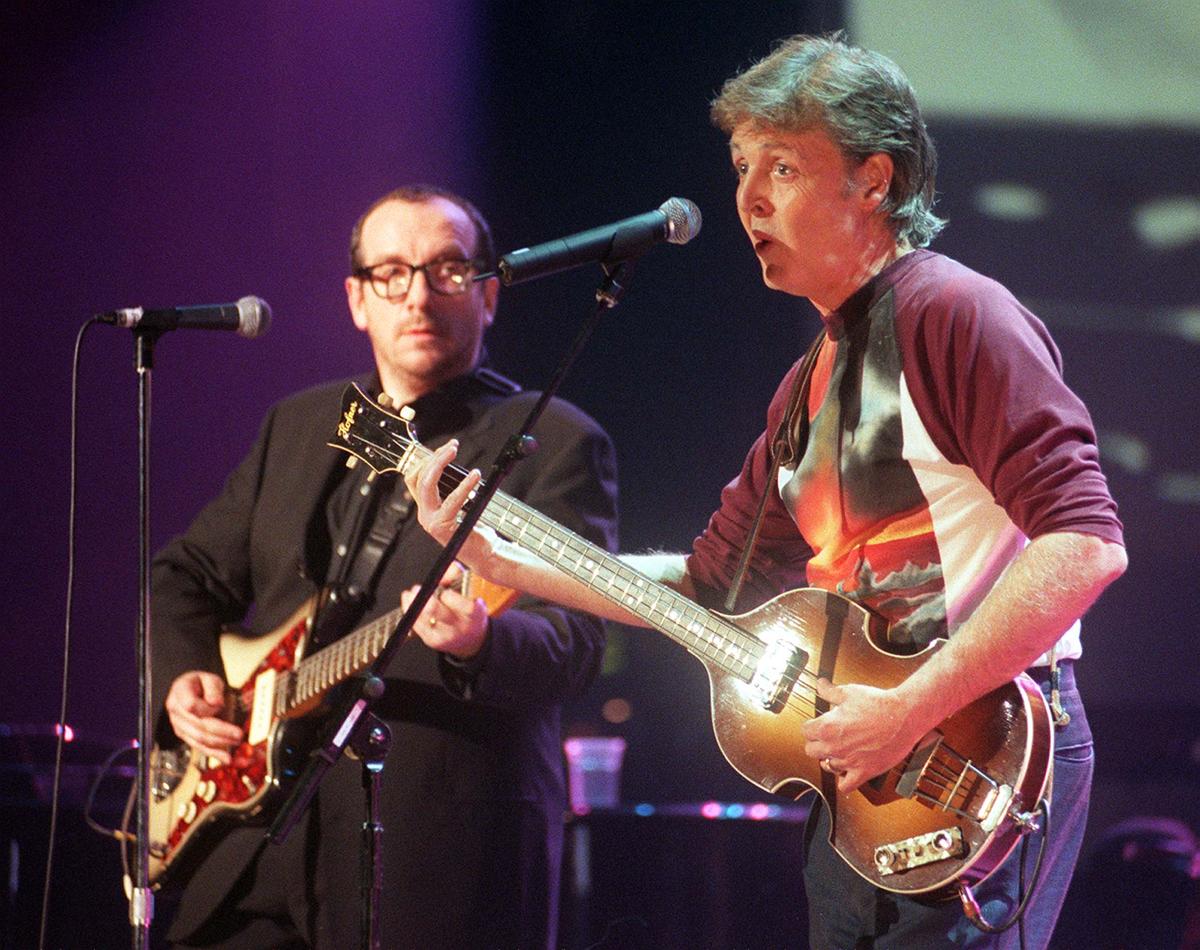 Elvis Costello (L) and Sir Paul McCartney perform during Here, There and Everywhere, A Concert for Linda McCartney, at London’s Royal Albert Hall.(PSean Dempsey - PA Images/PA Images via Getty Images