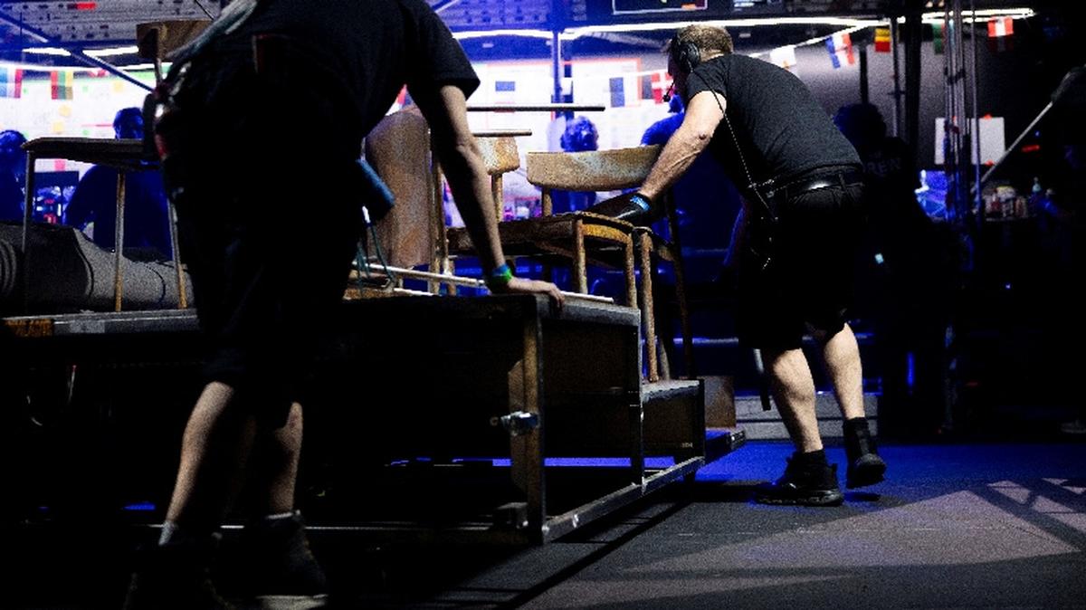 Crew members of the Eurovision Song Contest 2026 work backstage during rehearsal preparations behind the main stage in Vienna, Austria, May 15, 2026. REUTERS/Lisa Leutner