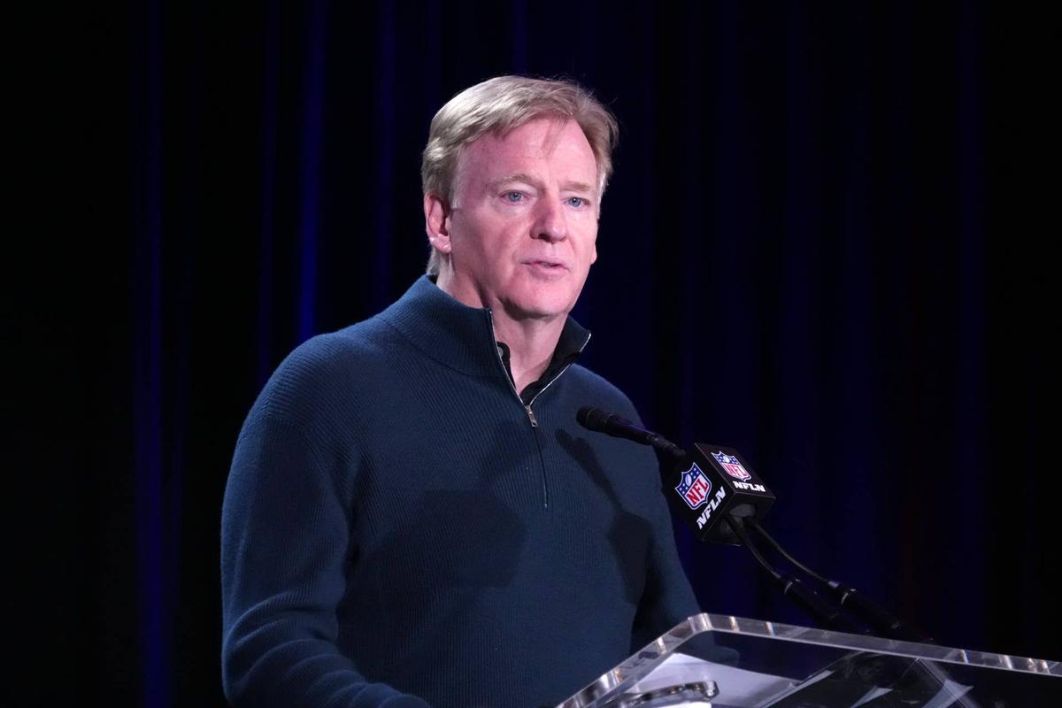  NFL commissioner Roger Goodell speaks at the Super Bowl LX host committee handoff press conference. 