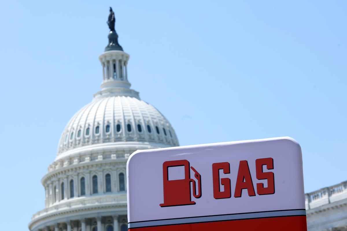  A sign protesting the Iran war and its impact on gas prices at a protest organized by VoteVets outside of the U.S. Capitol on May 20, 2026, in Washington, D.C. 