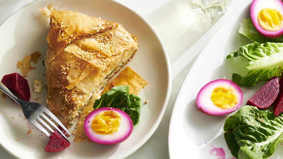 Pickled beets and eggs, top, served with chard and ricotta pie. Filled with chard, ricotta and leeks, this lovely tart looks especially impressive baked into a cast-iron skillet.