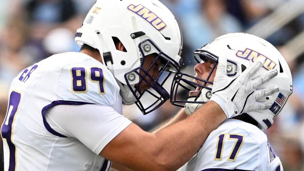  Sep 21, 2024; Chapel Hill, North Carolina, USA; James Madison Dukes tight end Taylor Thompson (17) reacts with tight end Josh Phifer (89) after scoring a touchdown in the second quarter at Kenan Memorial Stadium. Mandatory Credit: Bob Donnan-Imagn Images | Bob Donnan-Imagn Images 