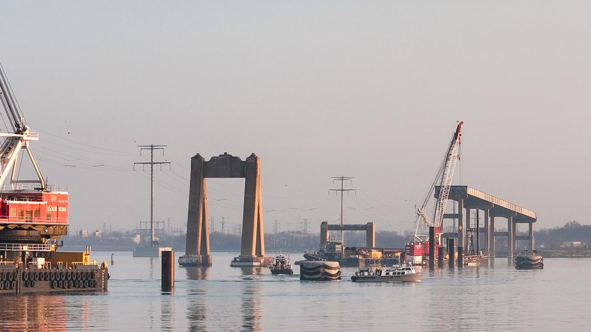 Workers continue repairs on the Francis Scott Key Bridge, including demolition of the old structure and planning and construction of a new, taller, stronger cable-stayed bridge. (Kevin Richardson/The Baltimore Sun/TNS)