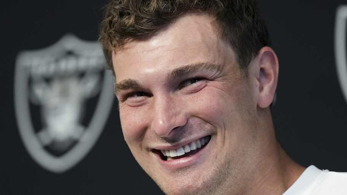  May 2, 2026; Henderson, NV, USA; Las Vegas Raiders quarterback Fernando Mendoza (15) speaks during a news conference at the team's Rookie Minicamp at Intermountain Health Performance Center. Mandatory Credit: Candice Ward-Imagn Images | Candice Ward-Imagn Images 