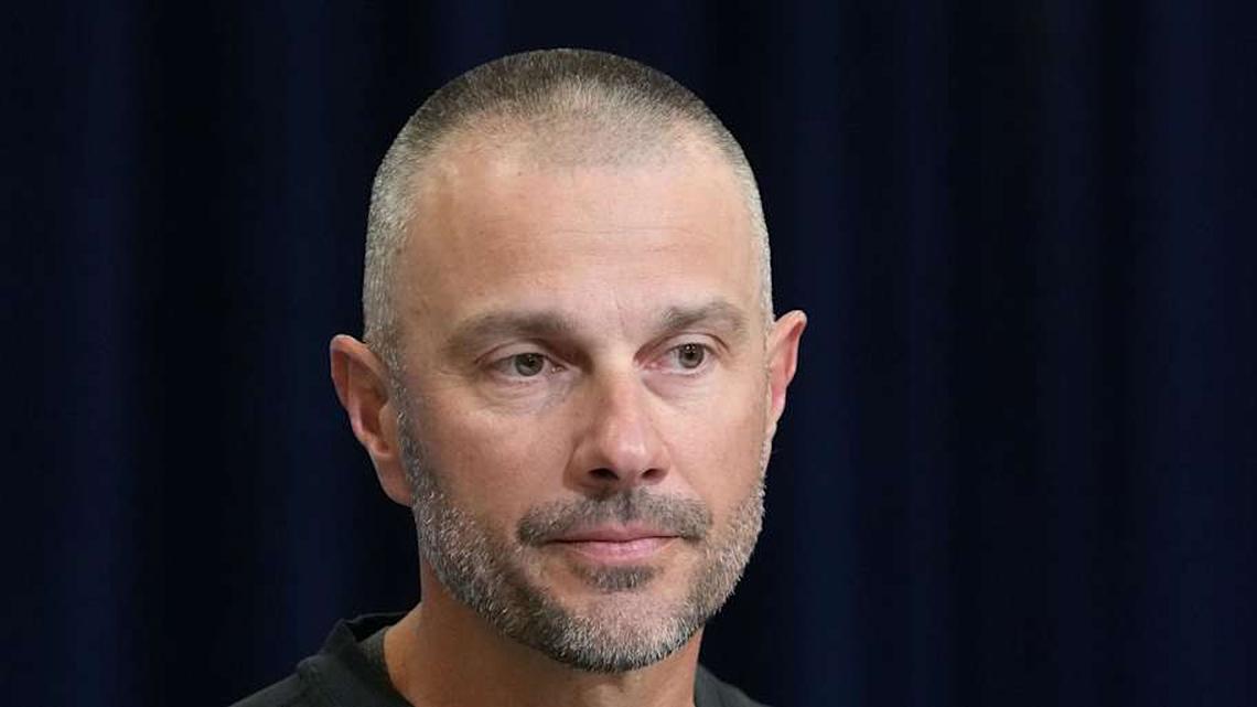  Feb 24, 2026; Indianapolis, IN, USA; Las Vegas Raiders general manager John Spytek speaks at the NFL Scouting Combine at the Indiana Convention Center. Mandatory Credit: Kirby Lee-Imagn Images | Kirby Lee-Imagn Images 