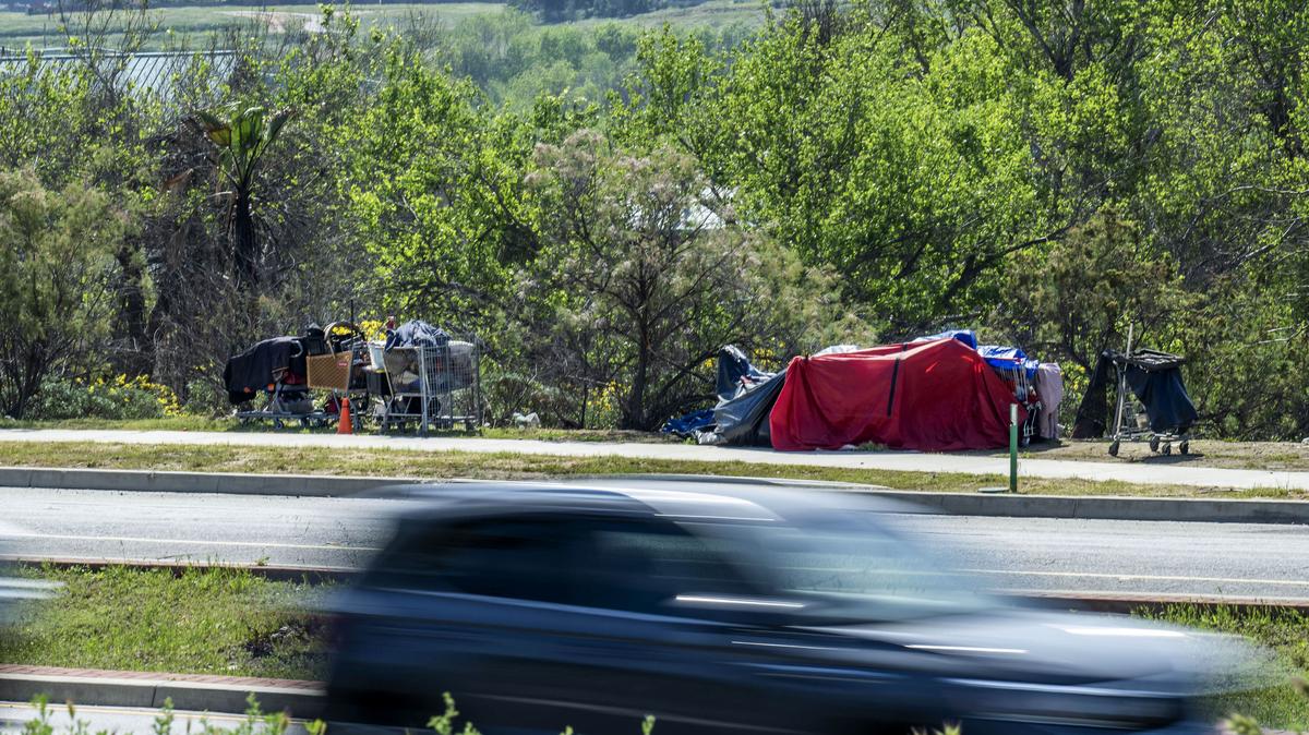 A homeless encampment is seen Wednesday, March 4, 2026, along southbound Van Buren Boulevard near the Western Riverside County/City Animal Shelter in Jurupa Valley. (Photo by Terry Pierson, The Press-Enterprise/SCNG)