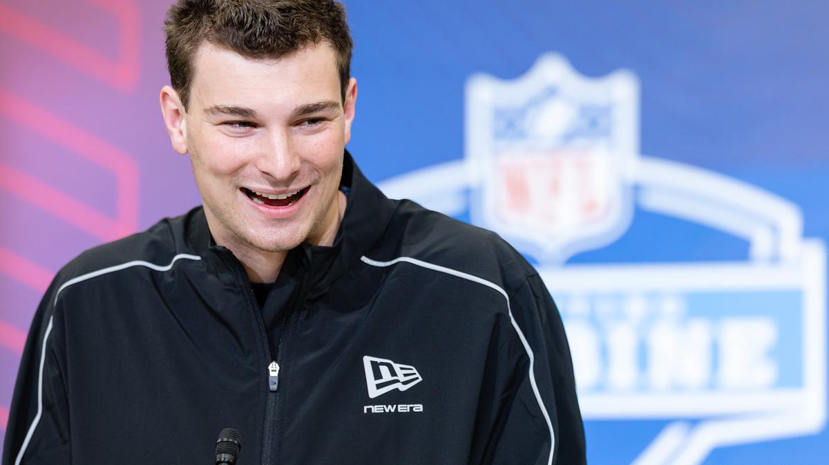 Fernando Mendoza of the Indiana Hoosiers speaks to the media during the 2026 NFL Draft Combine at the Indiana Convention Center on Feb. 27 in Indianapolis.