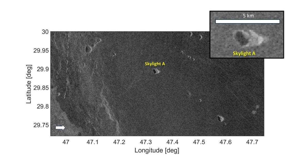  Magellan radar image of Venus (Magellan's Radar System - Full Resolution Radar Left-Look Mosaic, framelet ID: fl29n047) displaying several pit chains and the identified skylight, marked as A, potentially providing access to the subsurface (i.e., empty void). The white arrow indicates the radar illumination direction. (Image taken from the paper "L. Carrer, E. Diana, L. Bruzzone, "E via SWNS) 