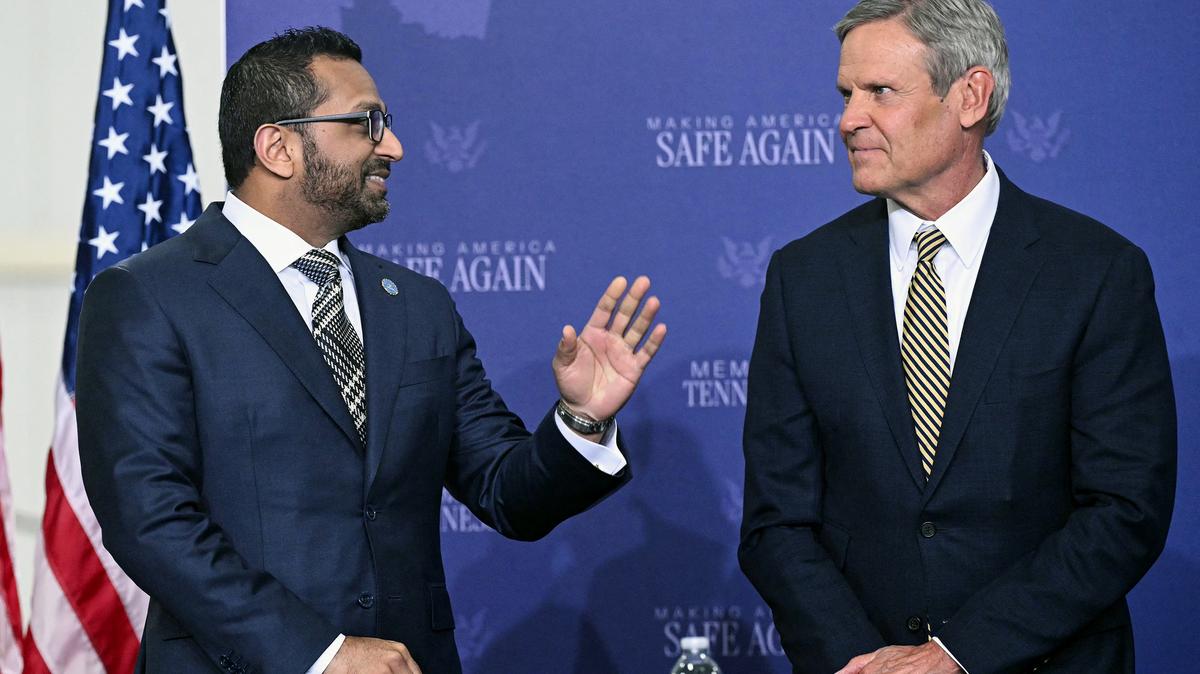(L/R) FBI Director Kash Patel speaks with Tennessee Governor Bill Lee during the Memphis Safe Task Force roundtable with US President Donald Trump in Memphis, Tennessee on March 23, 2026. (Saul Loeb/AFP/Getty Images/TNS)