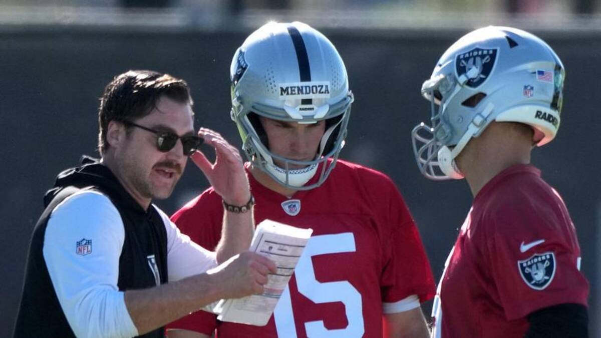  Jun 9, 2026; Henderson, NV, USA; Las Vegas Raiders offensive coordinator Andrew Janocko (left) talks with quarterbacks Fernando Mendoza (15) and Kirk Cousins (8) during minicamp at Intermountain Health Performance Center. Mandatory Credit: Kirby Lee-Imagn Images | Kirby Lee-Imagn Images 