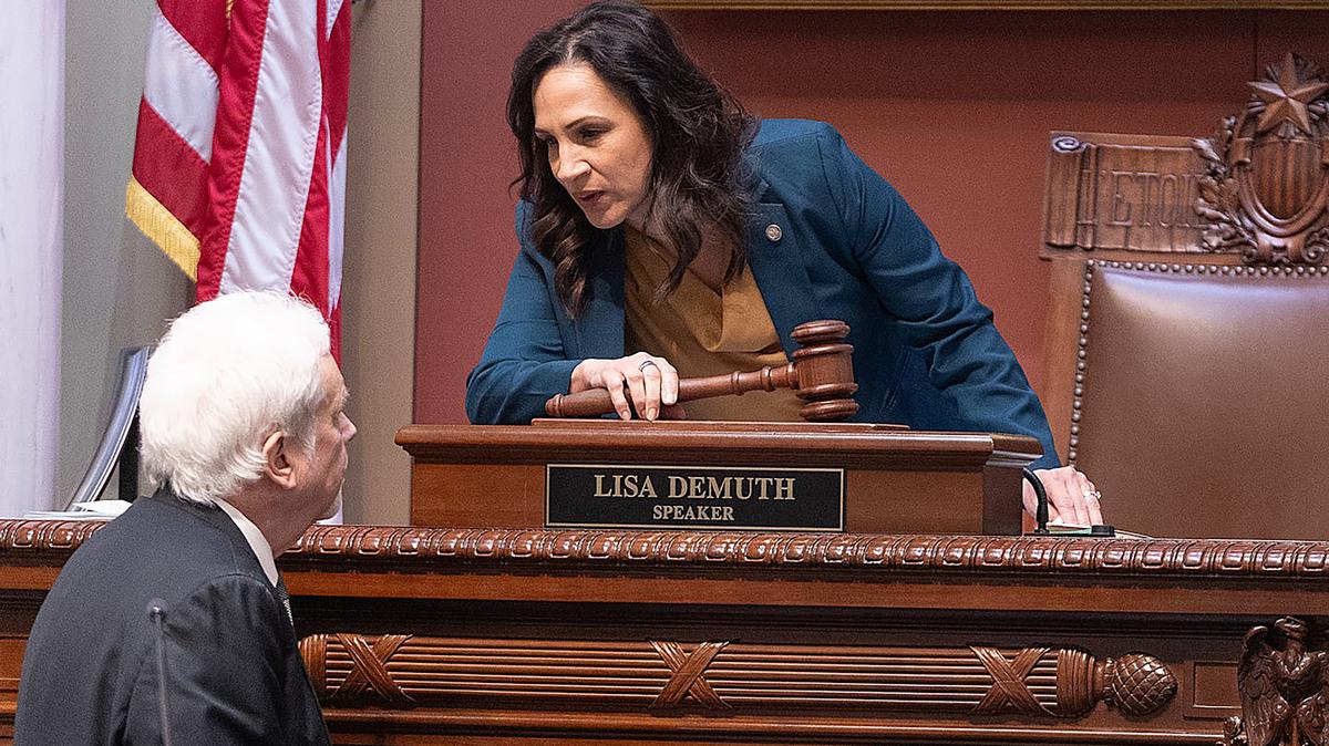 Minnesota House Speaker Lisa Demuth talks to Chief Clerk Patrick Duffy Murphy after gaveling in on Thursday, May 14, 2026, at the State Capitol in St. Paul. Other Republican candidates for governor have criticized Demuth's dealmaking in the tied House over the past two years, saying she didn't go far enough to shrink government spending or crack down on fraud in Minnesota's social services programs. (Elizabeth Flores/The Minnesota Star Tribune/TNS)