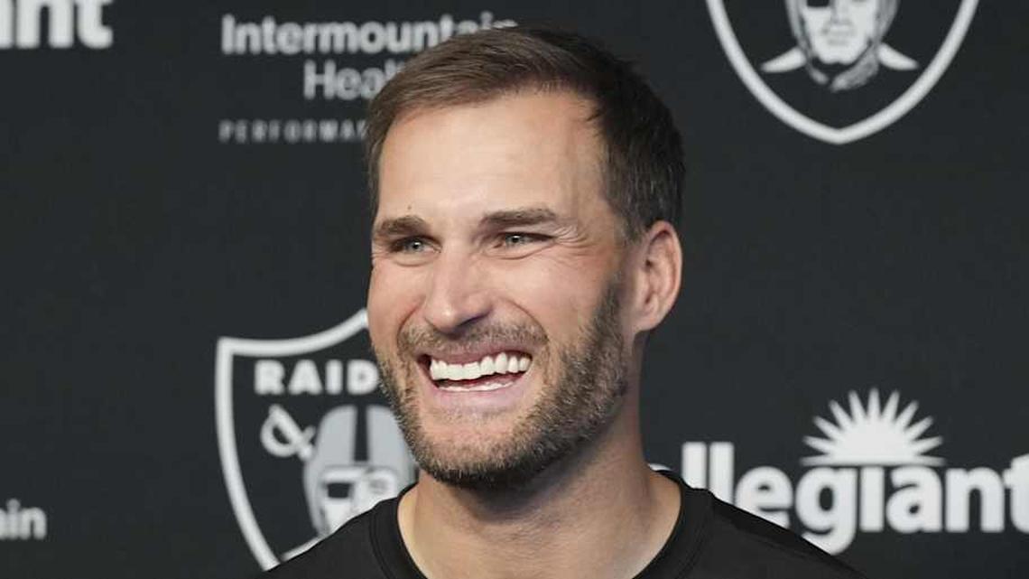 Apr 8, 2026; Las Vegas, NV, USA; Las Vegas Raiders quarterback Kirk Cousins speaks at a press conference at Intermountain Health Performance Center. Mandatory Credit: Candice Ward-Imagn Images | Candice Ward-Imagn Images 