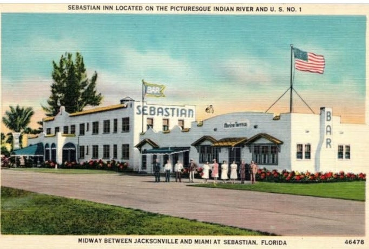 The Sebastian Inn on the Indian River Lagoon was built in 1925, opened in 1926, and expanded northward over the years to include a gas station (short middle building) and Marine Terrace restaurant (far right). Earl Roberts of Earl's Hideaway owned the hotel from 1944-55. That's when he and life partner Grace Martin, the hotel assistant manager and restaurant hostess, moved Earl's Bar and Package Store from the hotel to '3/4 miles north on left,' a sign said.