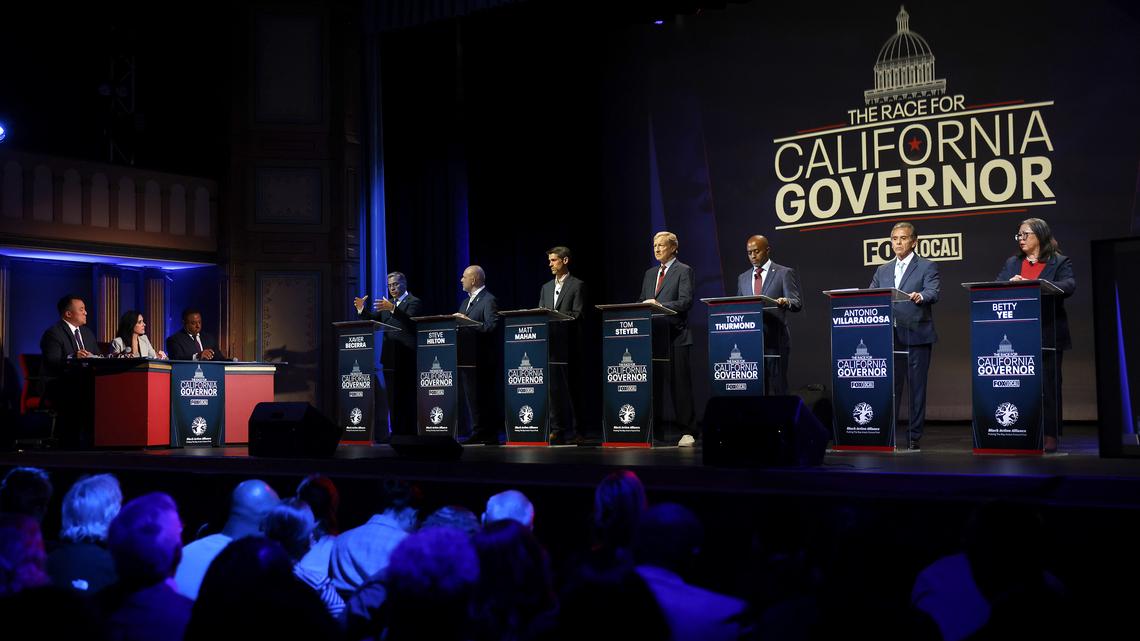 Gubernatorial candidate Xavier Becerra, far left, former U.S. Secretary of Health and Human Services and Attorney General of California, speaks during “The Race for California Governor” gubernatorial debate presented by the Black Action Alliance at The Bayview Opera House in San Francisco on Feb. 3, 2026. (Nhat V. Meyer/Bay Area News Group/TNS)